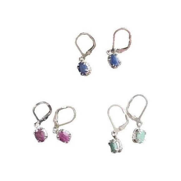 5.00ctw Ruby, Sapphire, And Emerald Silver Earrings Set Of 3 - Picture 2 of 12